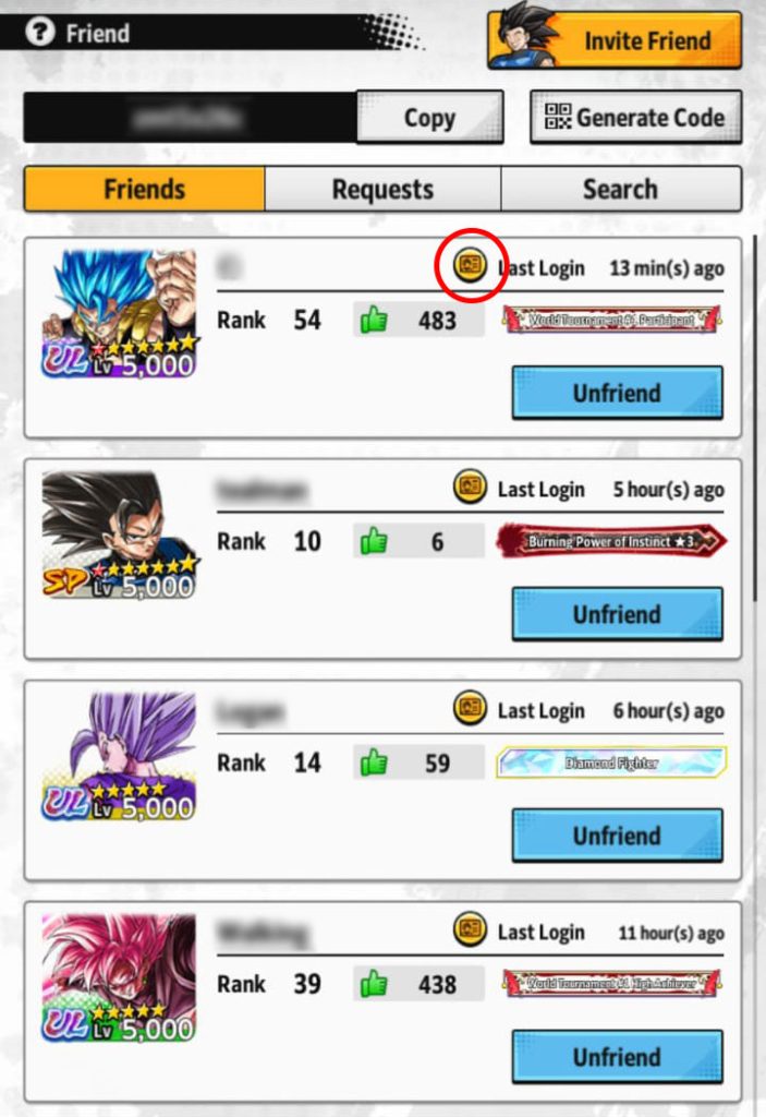 Dragon Ball Legends Friend Page - Tap on Profile Info